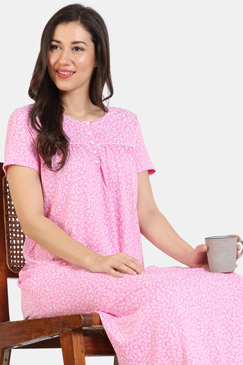 Buy Zivame Summer Thyme Knit Cotton Full Length Nightdress - Begonia Pink